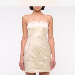 Abercrombie & Fitch Strapless Satin Mini Dress in Cream with Crystal Accents